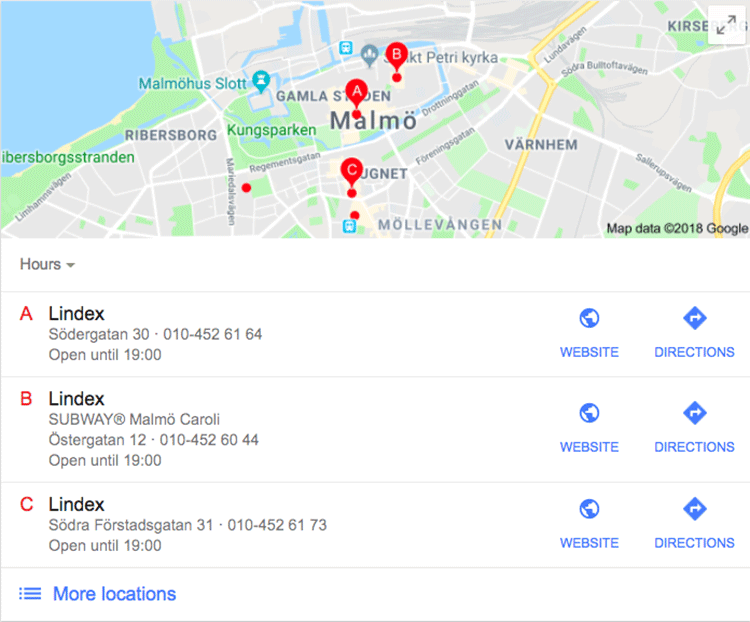 Figure 1. Nearby Lindex stores displayed in Google search results when searching for “Lindex”