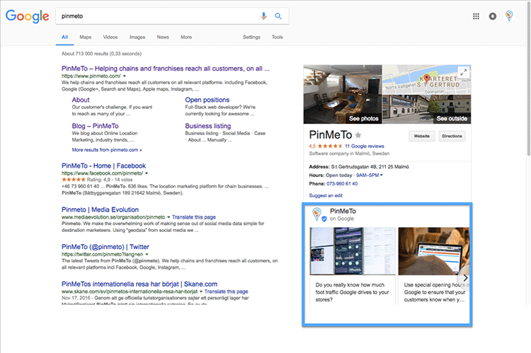 Screenshot showing recent posts displayed in Google search results for PinMeTo
