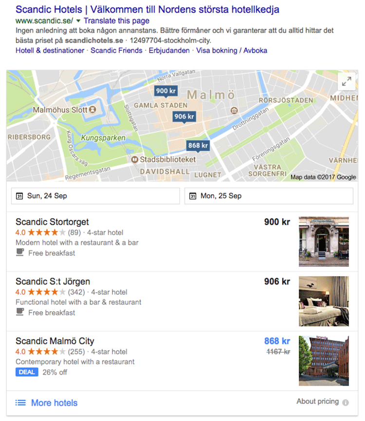 Figure 4. Google search for Scandic Hotels showing nearest locations, price, and booking options.