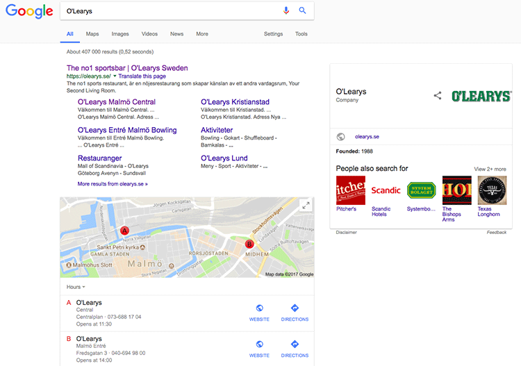 Fig. 2 - Google search results for “O’Learys” showing Google Maps locations for nearest O’Learys
