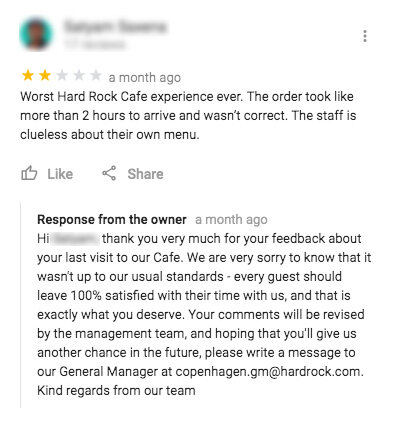 An example of a good response to a negative review