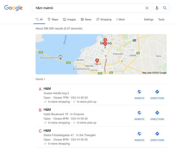 A map preview at the top of the Google search results