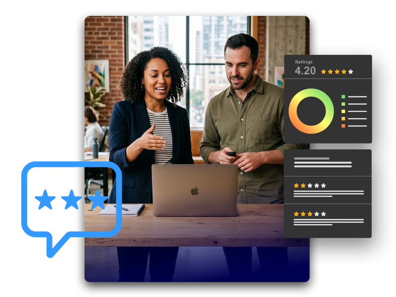 Two colleagues collaborating on a laptop next to PinMeTo review ratings and insights