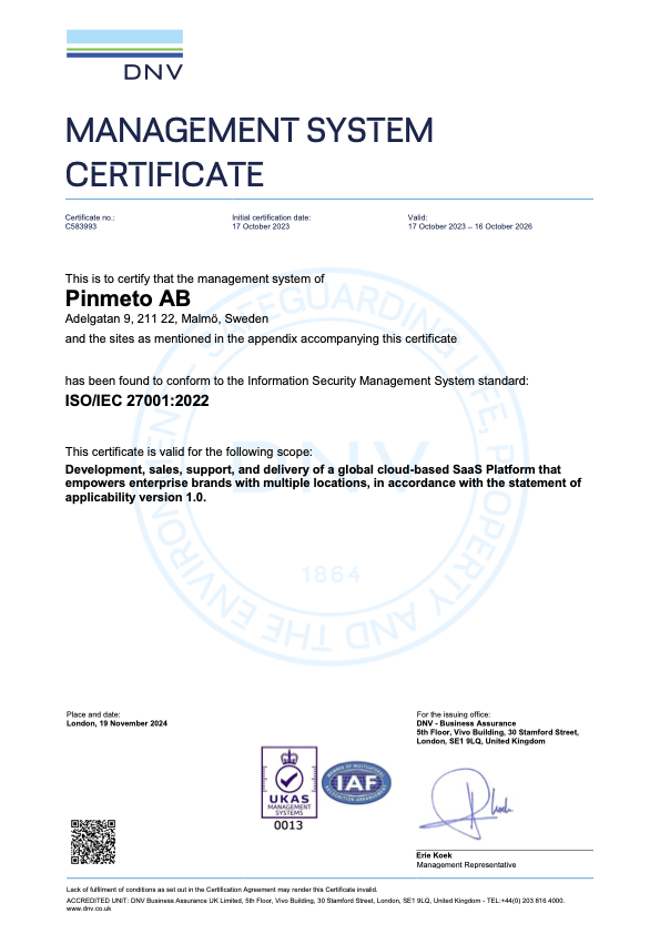 PinMeTo ISO 27001:2022 certificate