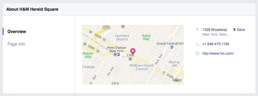 Facebook location page with address and opening hours