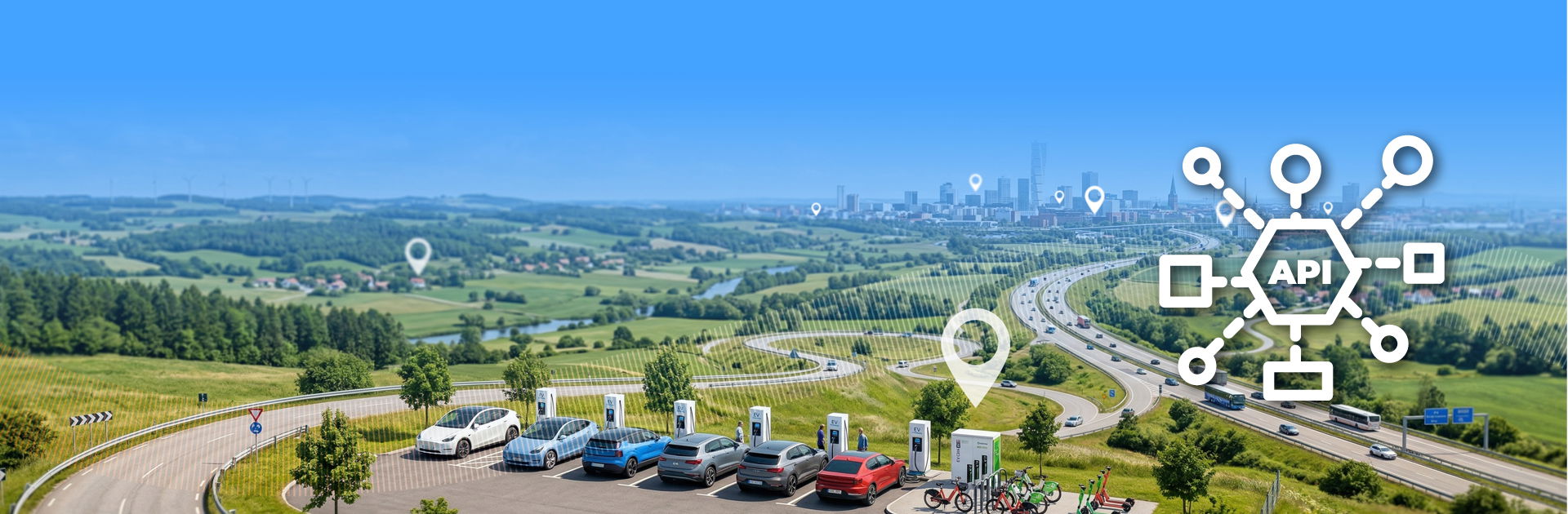 Aerial view of a city and motorway dotted with location pins beside an API network diagram