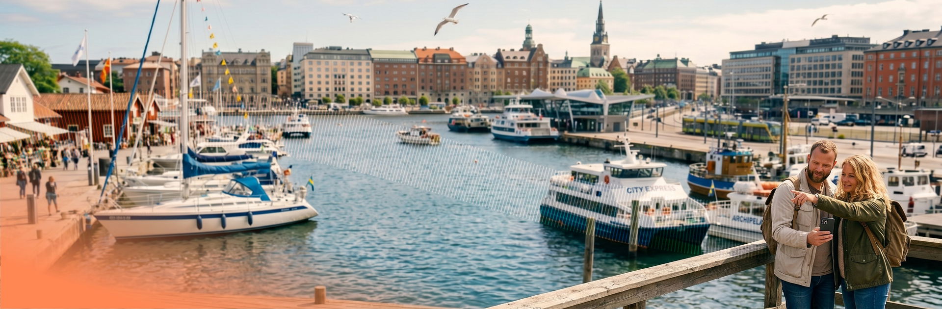 Couple taking a selfie by a harbour lined with boats and city buildings