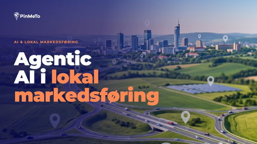 Blogforside Agentic AI i lokal markedsføring: luftfoto af en by og et motorvejskryds med lokationsnåle