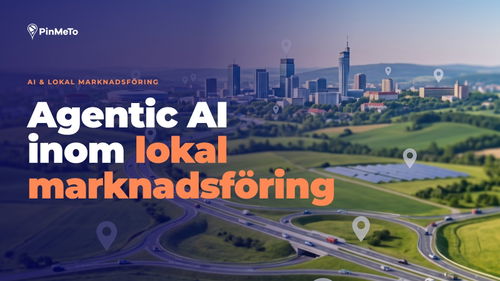 Bloggomslag Agentic AI inom lokal marknadsföring: flygvy över en stad och en motorvägskorsning med platsnålar