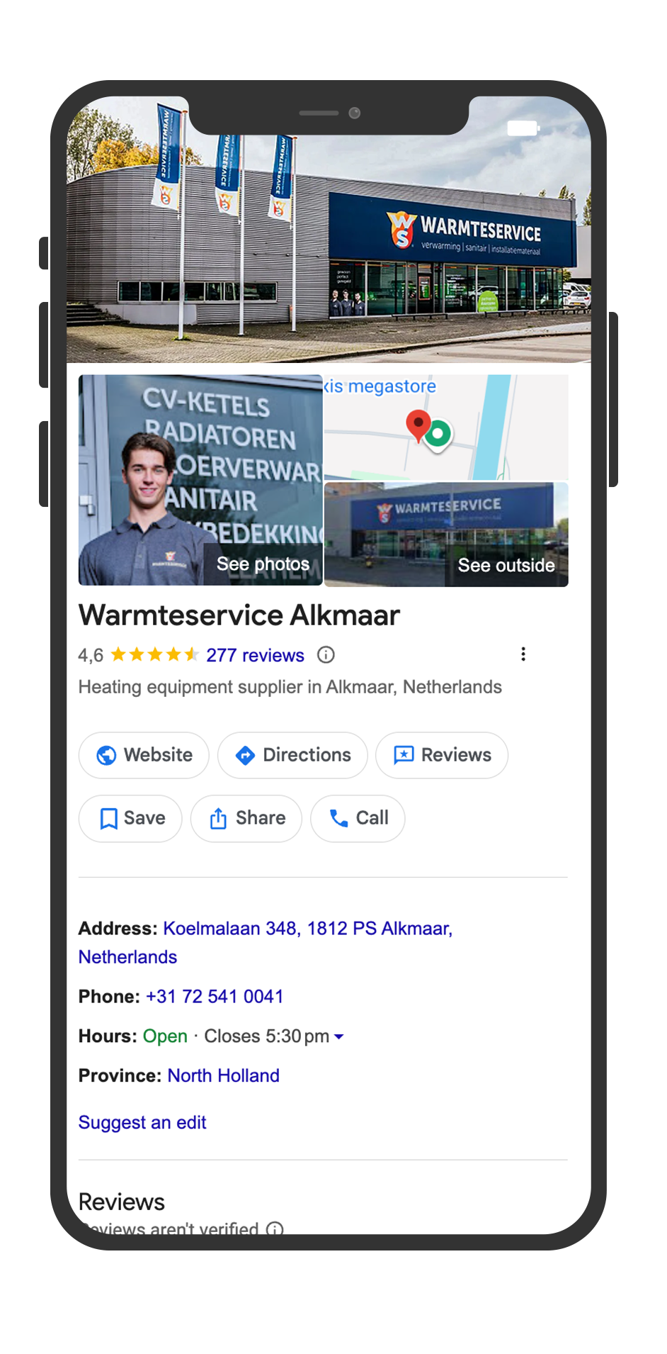 Warmteservice smartphone showing local search results