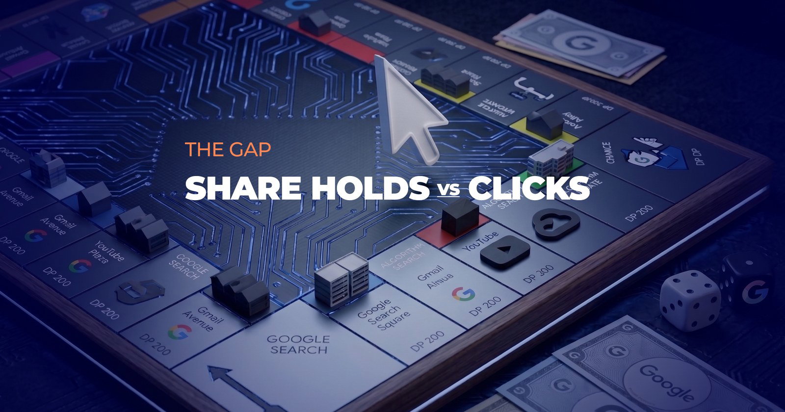 A Monopoly-style board game where every property is a Google product, with a giant cursor as the playing piece, titled The gap: share holds vs clicks