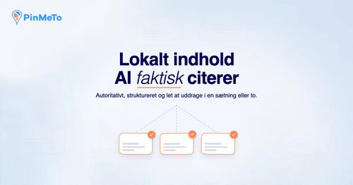 Lokalt indhold, AI faktisk citerer: tre kildekort med orange flueben forbundet til overskriften, på en lyseblå baggrund