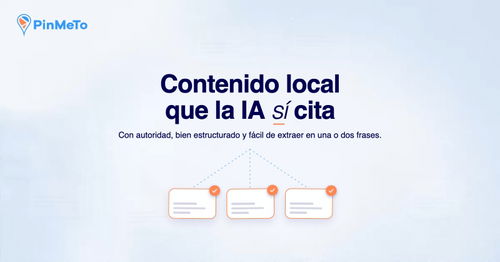 Contenido local que la IA sí cita: tres tarjetas de fuentes con marcas de verificación naranjas conectadas al titular, sobre un fondo azul claro