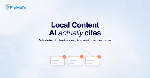 Local content AI actually cites: three source cards with orange checkmarks connected to the headline, on a light blue background