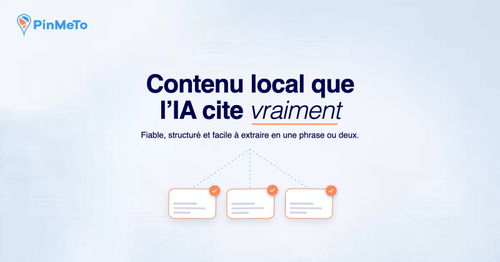 Contenu local que l’IA cite vraiment : trois cartes sources avec des coches orange reliées au titre, sur un fond bleu clair
