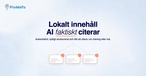Lokalt innehåll som AI faktiskt citerar: tre källkort med orange bockar kopplade till rubriken, mot en ljusblå bakgrund