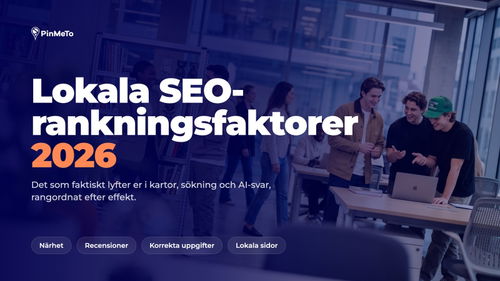 Bloggomslag Lokala SEO-rankningsfaktorer 2026: ett team på ett modernt kontor, med taggar för närhet, recensioner, korrekta uppgifter och lokala sidor