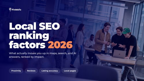 Local SEO ranking factors 2026 blog cover: a team working in a modern office, with tags for proximity, reviews, listing accuracy, and local pages