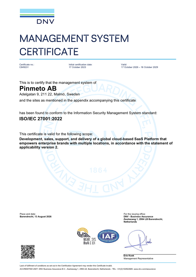 PinMeTo ISO 27001:2022 certificate